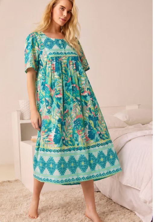 Only Necessities Dresses & Skirts - Only Necessities bib front Teal Tropical Print short sleeve Maxi Dress lounger